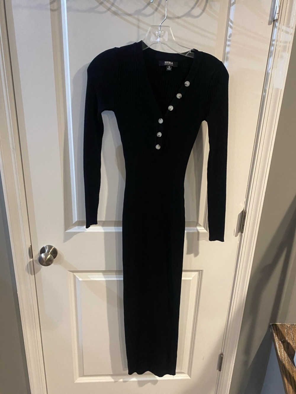 Hera Collection Black Long-Sleeve Ribbed Maxi Dress with Button Detail